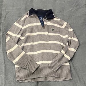 American Eagle Outfitters Gray and White Zip-Up Prep Sweater